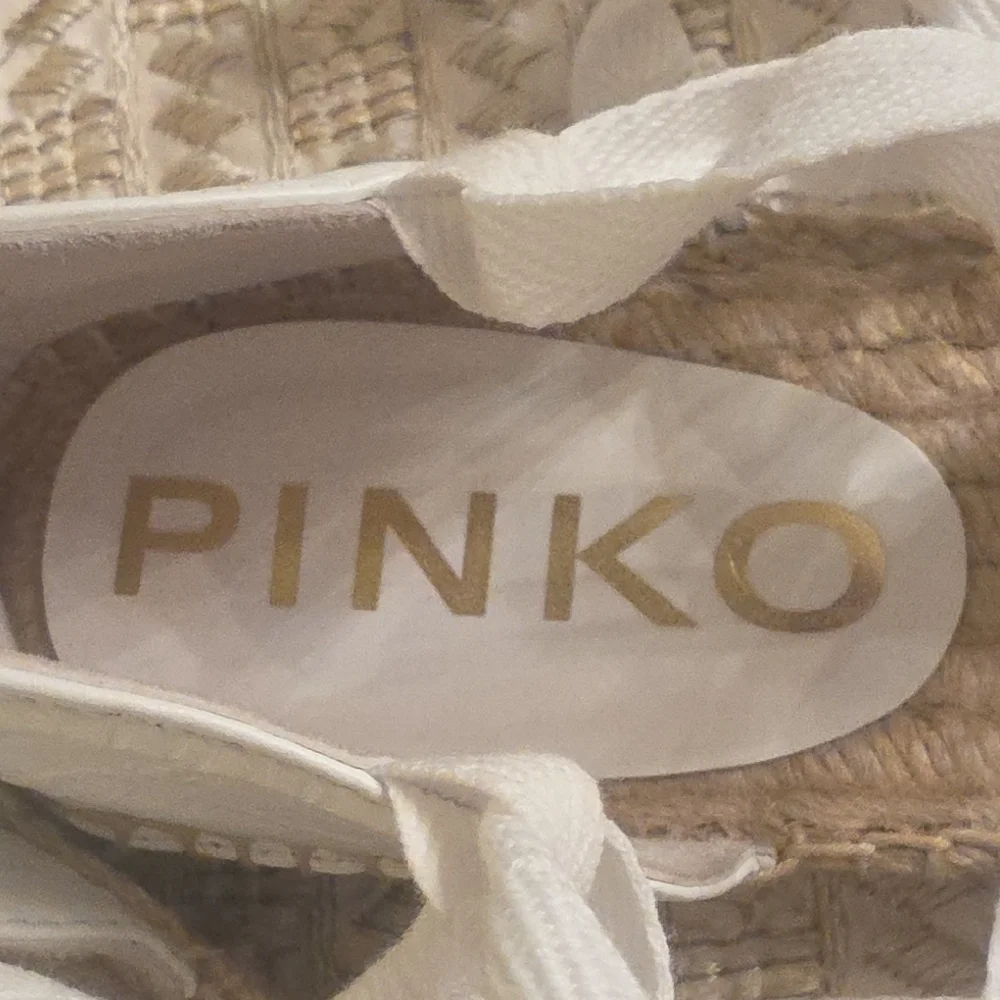 Pinko White Lace Espadrille with Jute Logo Sole and Ankle Ribbon